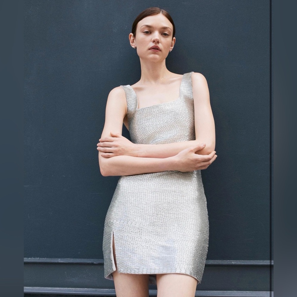 STAUD // NWT Le Sable Silver Beaded Mini Dress